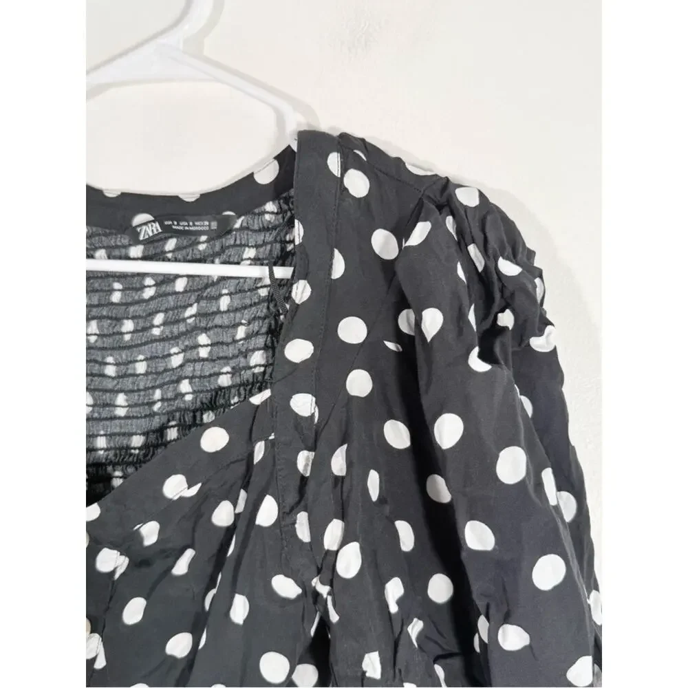 Zara Black White Polka Dot Faux Pearl Button Puff Sleeve Smocked Crop Top Small